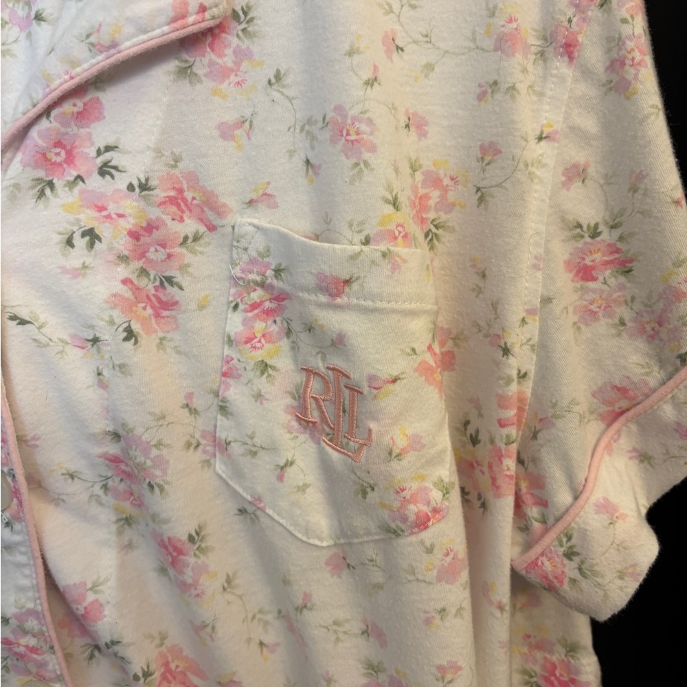 Lauren Ralph Lauren Ivory & Pink Floral Pajama Set Women’s XL Knit Button Up - Picture 4 of 13